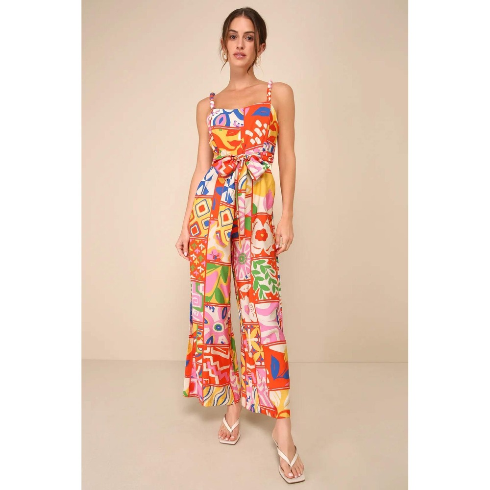 Lulus Bold Extravagance Red Multi Print Sleeveless Wide-Leg Jumpsuit Small NWT